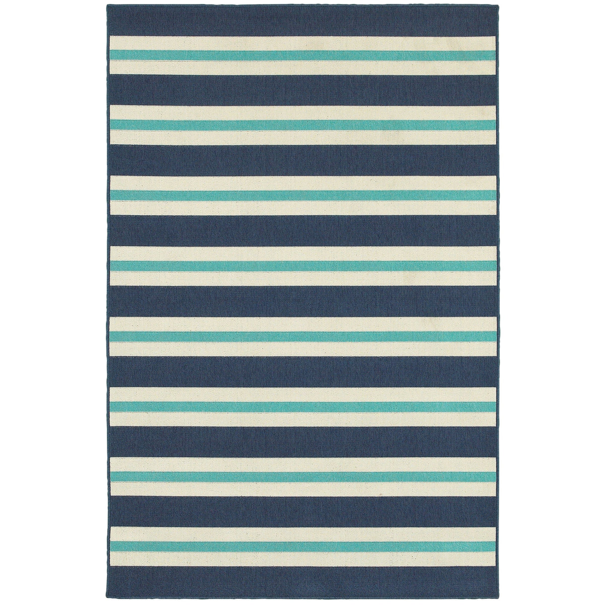 Meridian Blue & Ivory Outdoor Rug with horizontal stripes in navy, teal, and cream polypropylene.