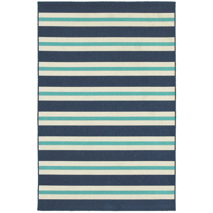 Meridian Blue & Ivory Outdoor Rug with horizontal stripes in navy, teal, and cream polypropylene.
