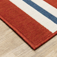 Meridian Red & Blue Outdoor Rug with bold stripes and durable polypropylene weave.