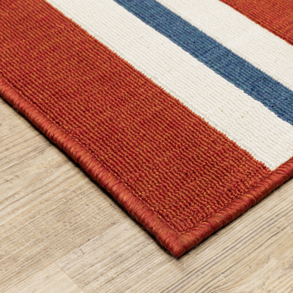 Meridian Red & Blue Outdoor Rug with bold stripes and durable polypropylene weave.