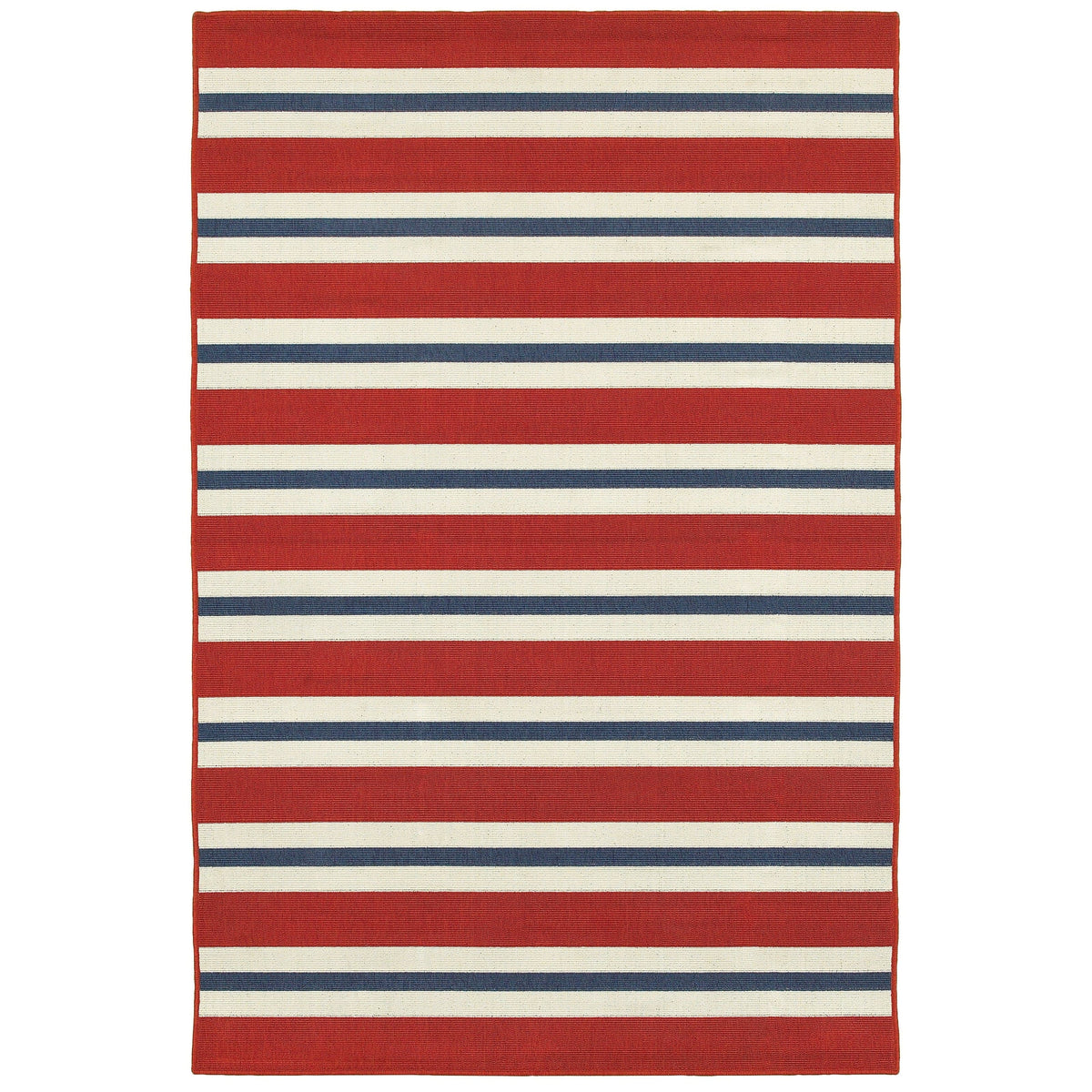 Meridian Red & Blue Outdoor Rug with horizontal stripes, durable polypropylene, power-loomed.