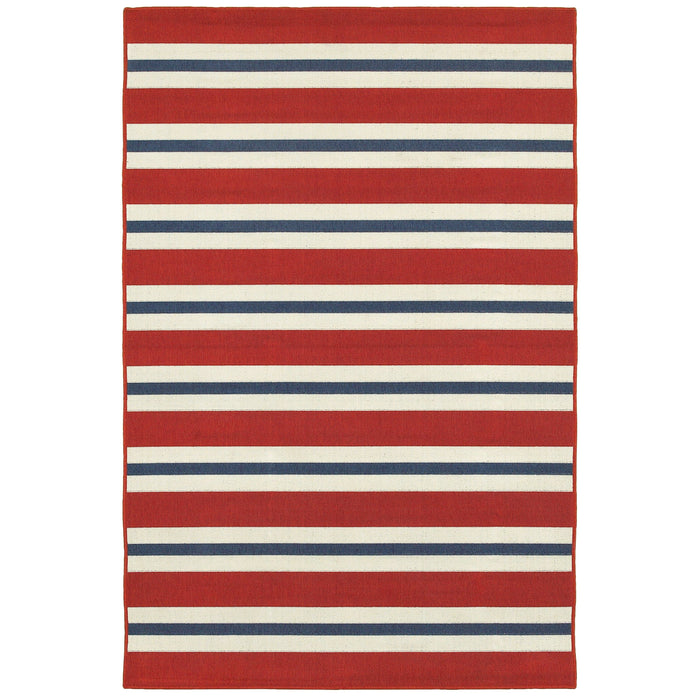 Meridian Red & Blue Outdoor Rug with horizontal stripes, durable polypropylene, power-loomed.
