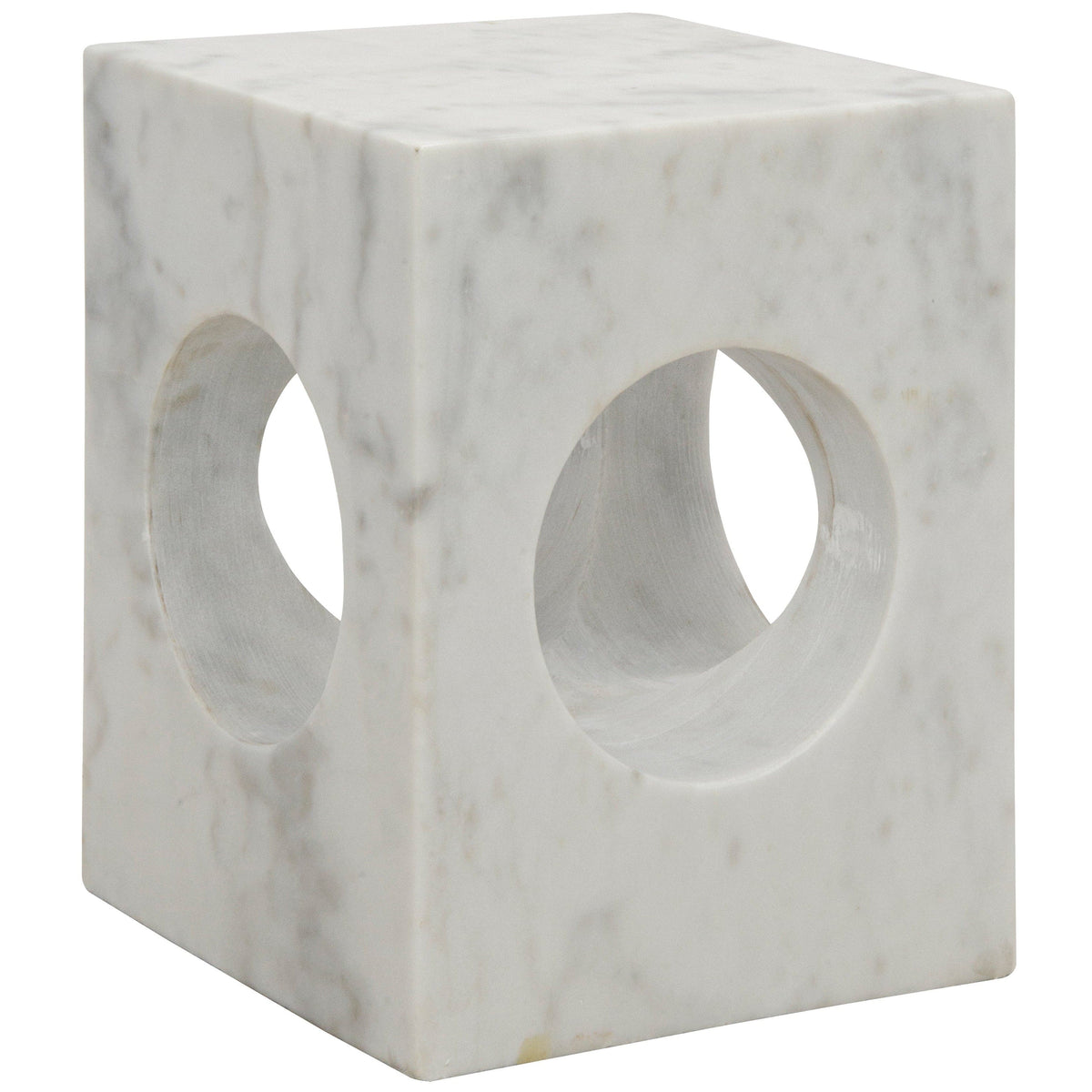 Merlin Square Marble Side Table: White marble cube with natural veining and two circular cutouts.