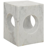 Merlin Square Marble Side Table: White marble cube with natural veining and two circular cutouts.