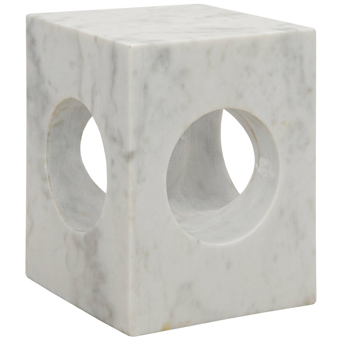 Merlin Square Marble Side Table: White marble cube with natural veining and two circular cutouts.