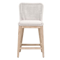 White mesh woven rope counter stool with a light wood frame and cushioned seat.