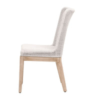 White mesh woven rope dining chair with solid wood legs and an olefin fabric seat cushion.