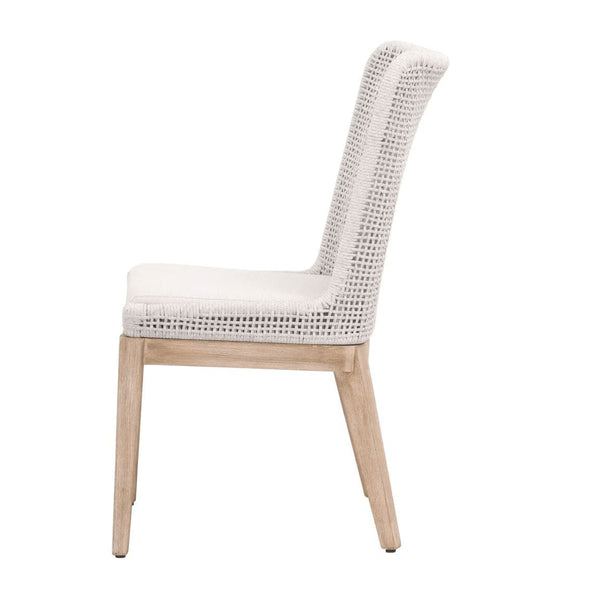White mesh woven rope dining chair with solid wood legs and an olefin fabric seat cushion.