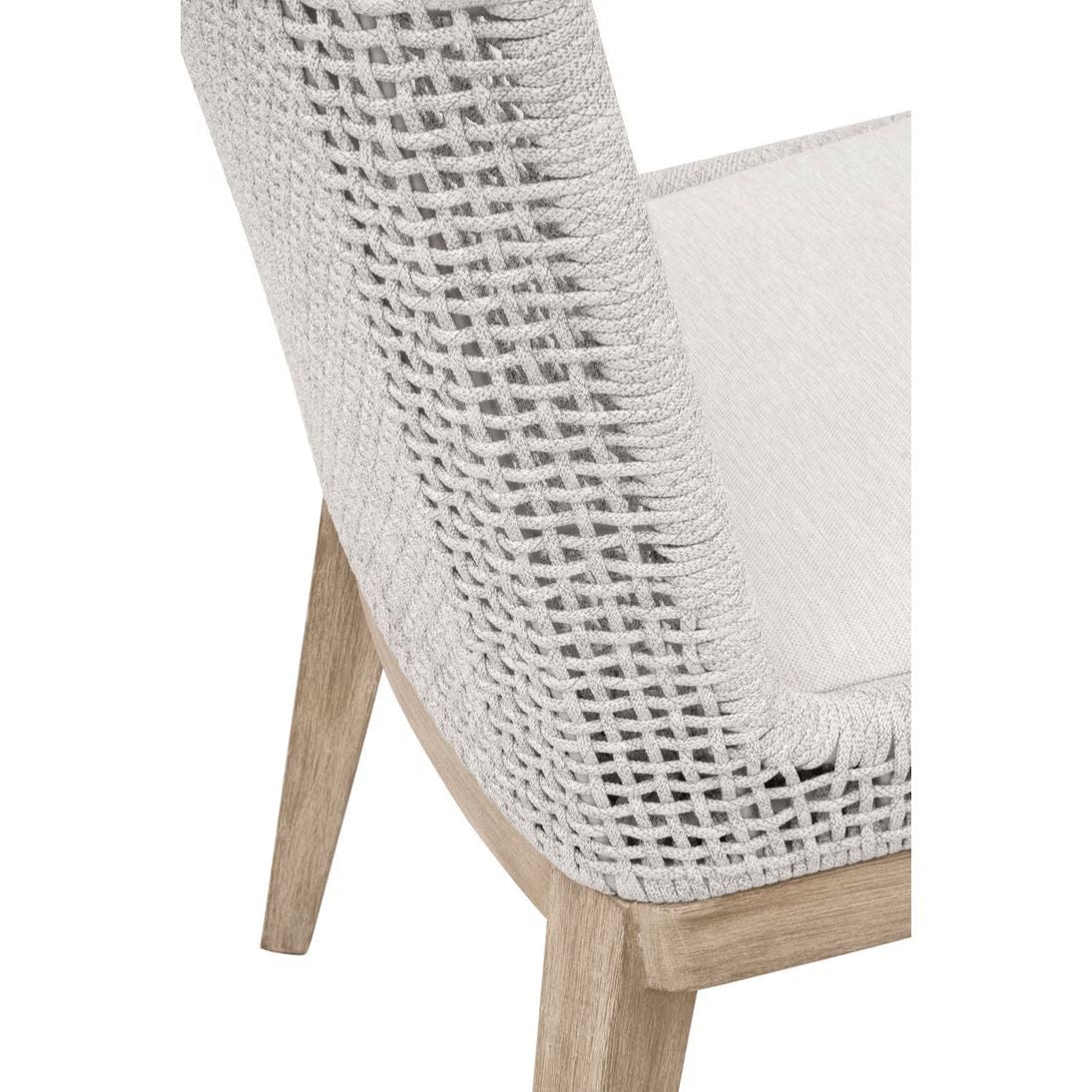 White mesh woven rope dining chair with light wood legs and a light fabric seat cushion.