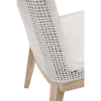 White mesh woven rope dining chair with light wood legs and a light fabric seat cushion.