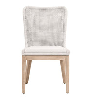 White mesh woven rope dining chair with light wood legs and a performance fabric cushion.