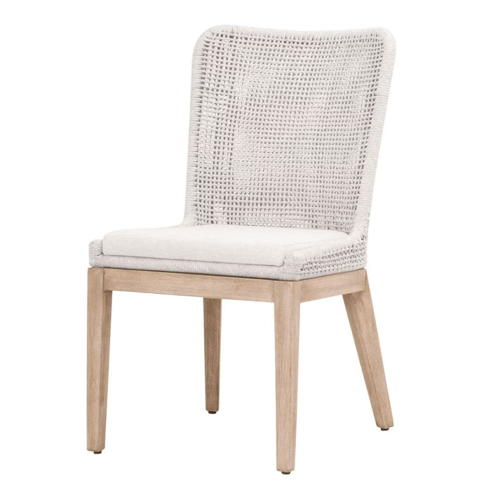 White mesh rope dining chair with a light wood frame and white olefin seat cushion.