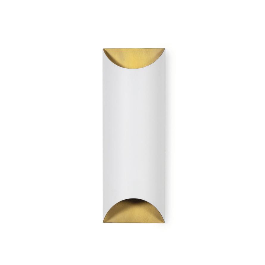 Meyer Metal Sconce: sleek white and brass wall sconce with curved ends, 17.5" tall.