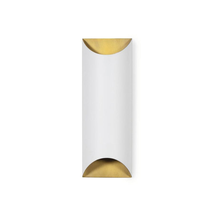 Meyer Metal Sconce: sleek white and brass wall sconce with curved ends, 17.5" tall.