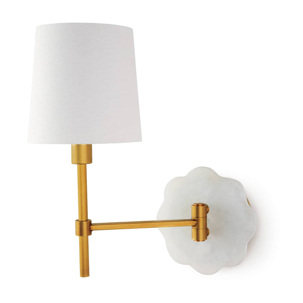 Mia swing arm sconce with a white linen shade, natural brass arm, and scalloped alabaster backplate.