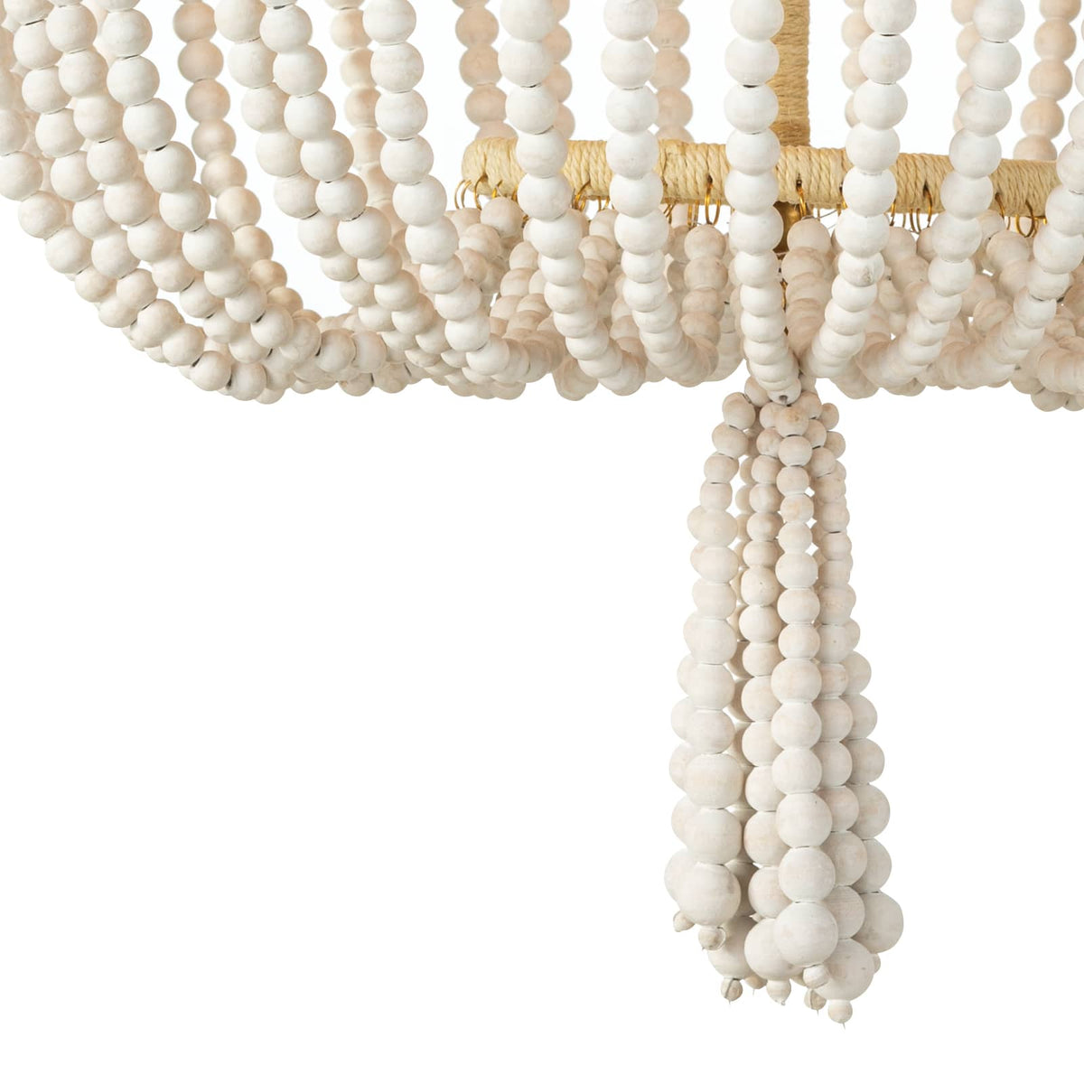 Milos white beaded chandelier with a jute-wrapped frame, featuring natural wood beads and a coastal style.