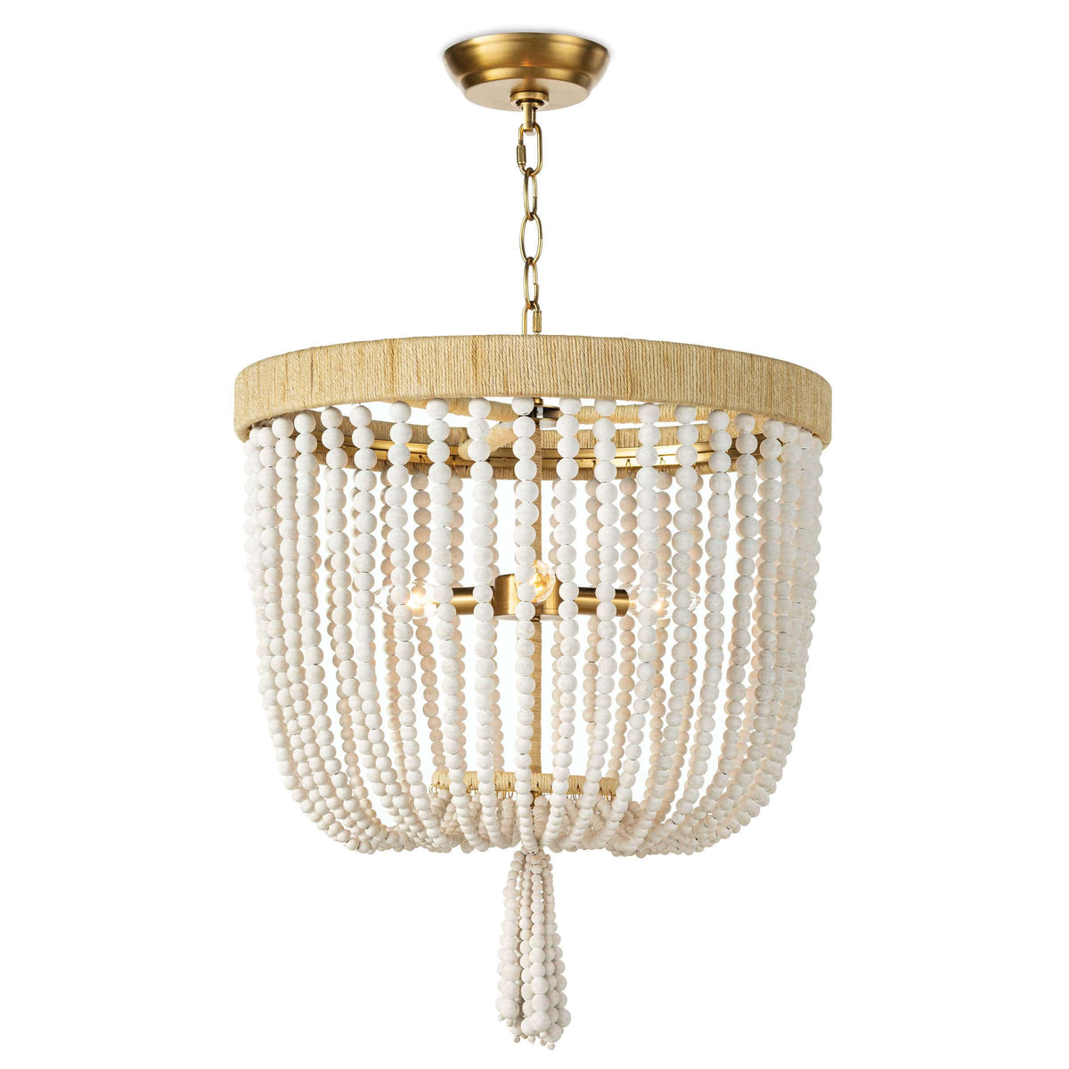 Milos White Beaded Chandelier with jute-wrapped frame and brass accents, 25" high.