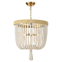 Milos White Beaded Chandelier with jute-wrapped frame and brass accents, 25" high.