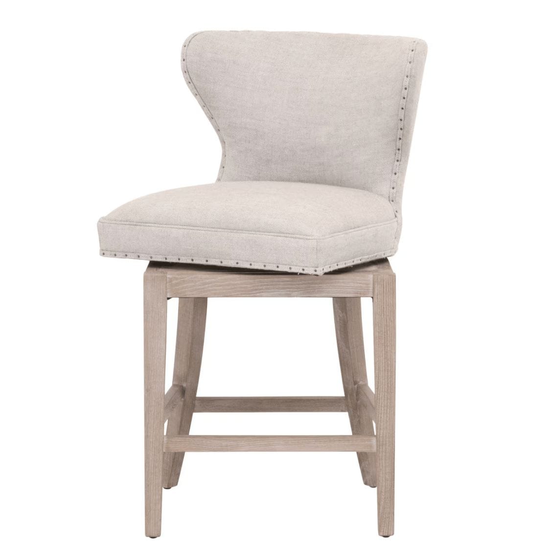 Milton Bisque French Linen swivel counter stool with transitional design and light wood base.