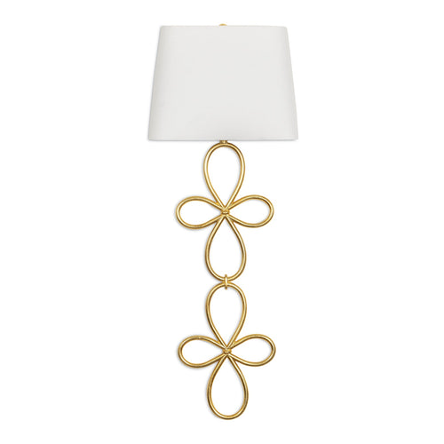 Minuet Gold Leaf Sconce, a 32.25" tall wall sconce with a white linen shade and elegant gold leaf base.