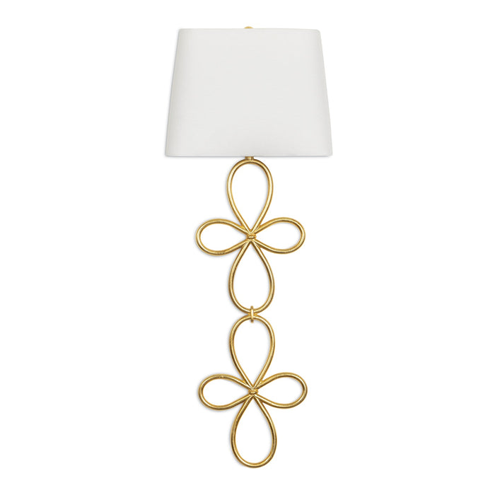 Minuet Gold Leaf Sconce, a 32.25" tall wall sconce with a white linen shade and elegant gold leaf base.