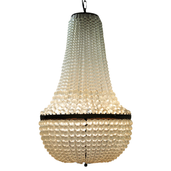Black steel Mist Chandelier, 36" tall, with cascading clear handcrafted glass beads.