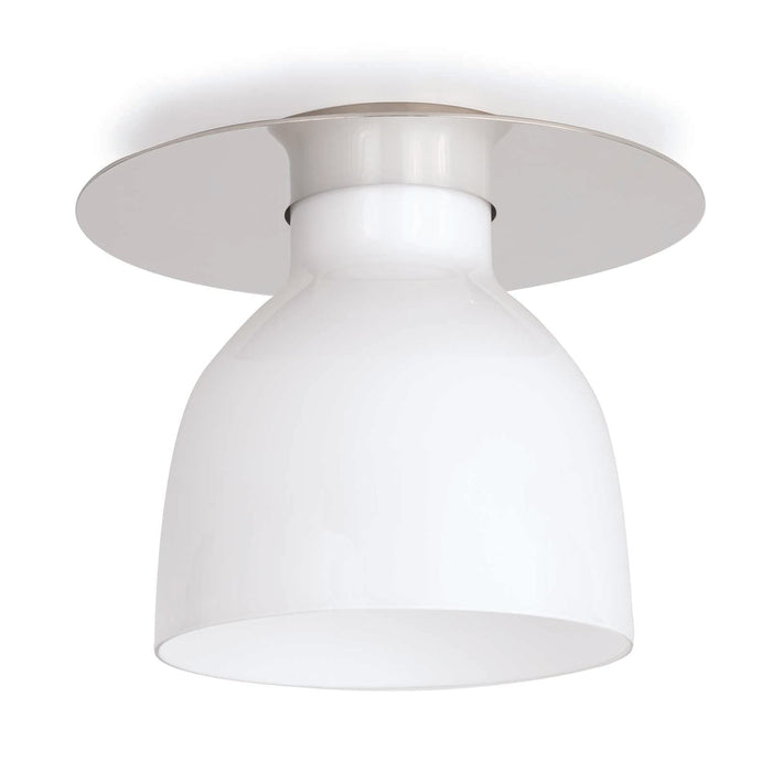 Mixer Flush Mount light with polished nickel base and white bell-shaped glass shade.