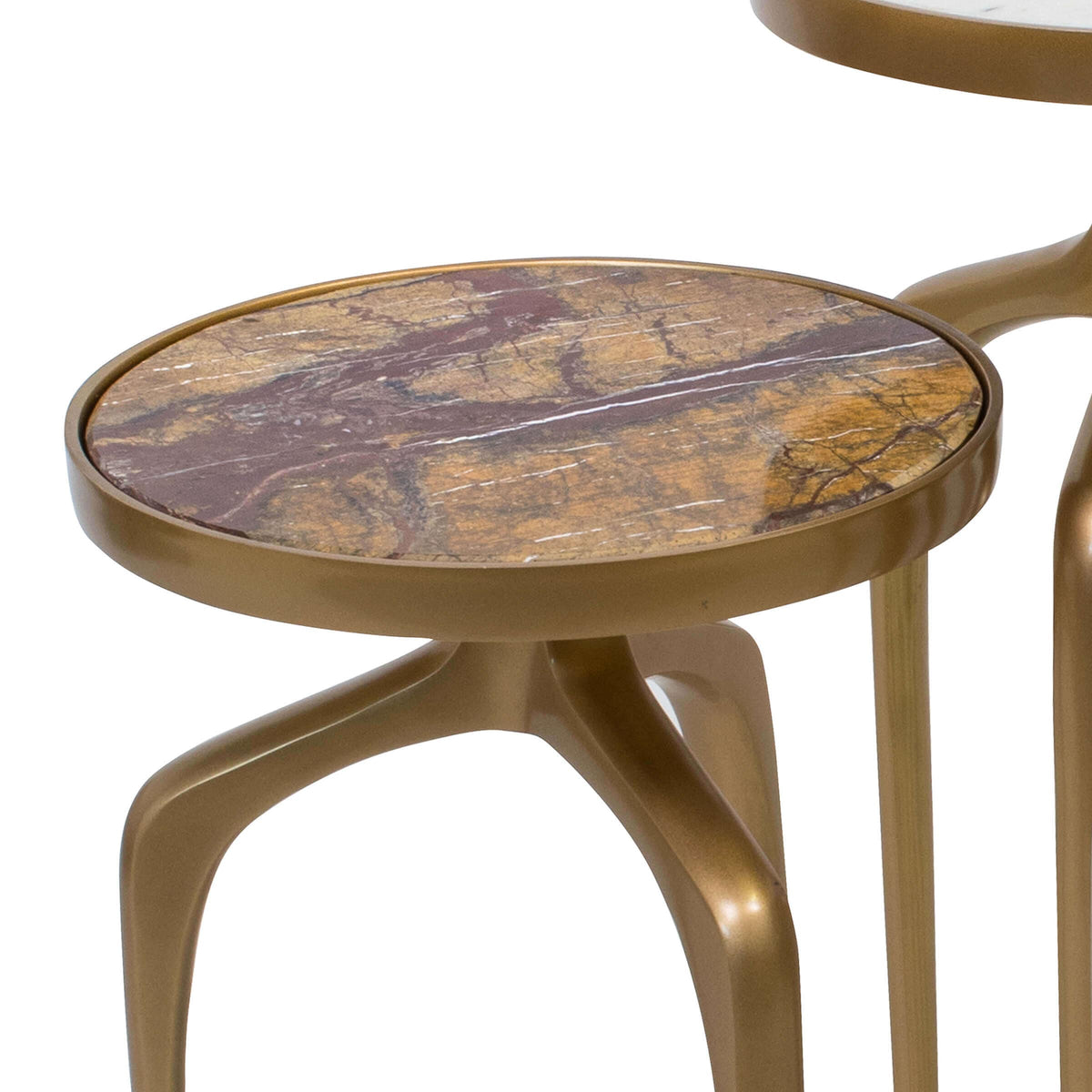 Modernist gold metal mixer table with a round, brown and white veined marble top.