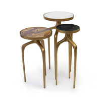 Set of three modernist gold metal mixer tables with round marble, stone, and black tops.