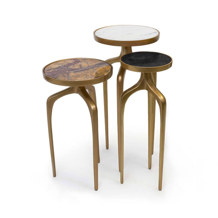 Set of three modernist gold metal mixer tables with round marble, stone, and black tops.