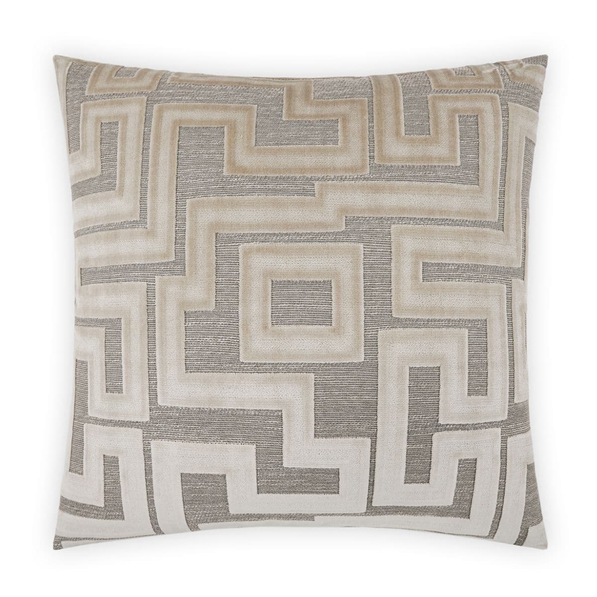 Modernist Oat 24x24 throw pillow with a beige and gray geometric maze pattern, seamless zippered cover.