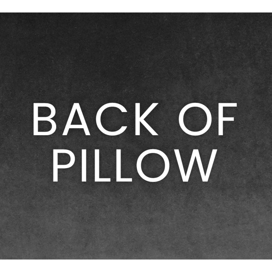 Text "BACK OF PILLOW" in white on a charcoal gray textured background.