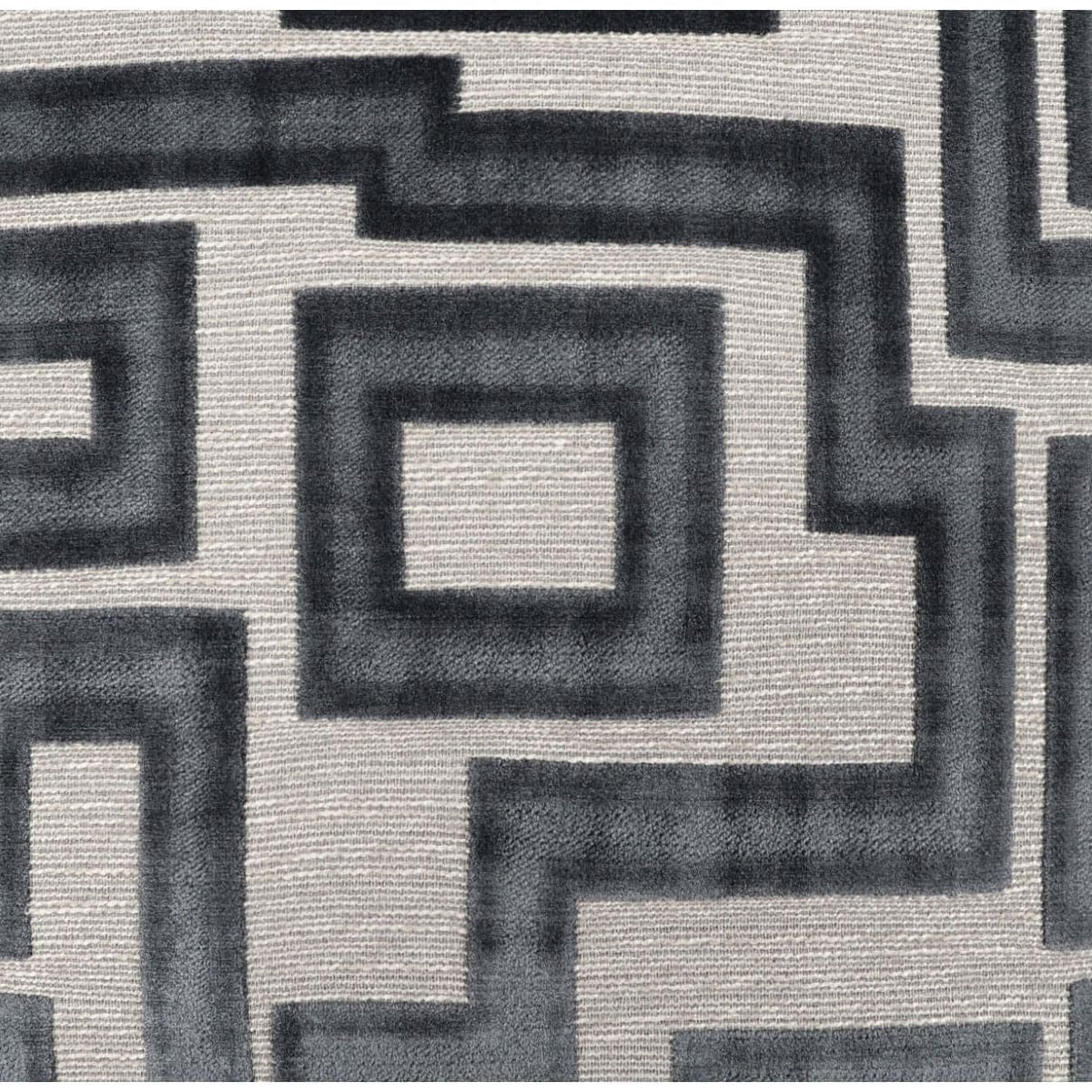 Modernist Steel Charcoal Gray Throw Pillow with geometric maze pattern, 24x24, soft textured fabric.