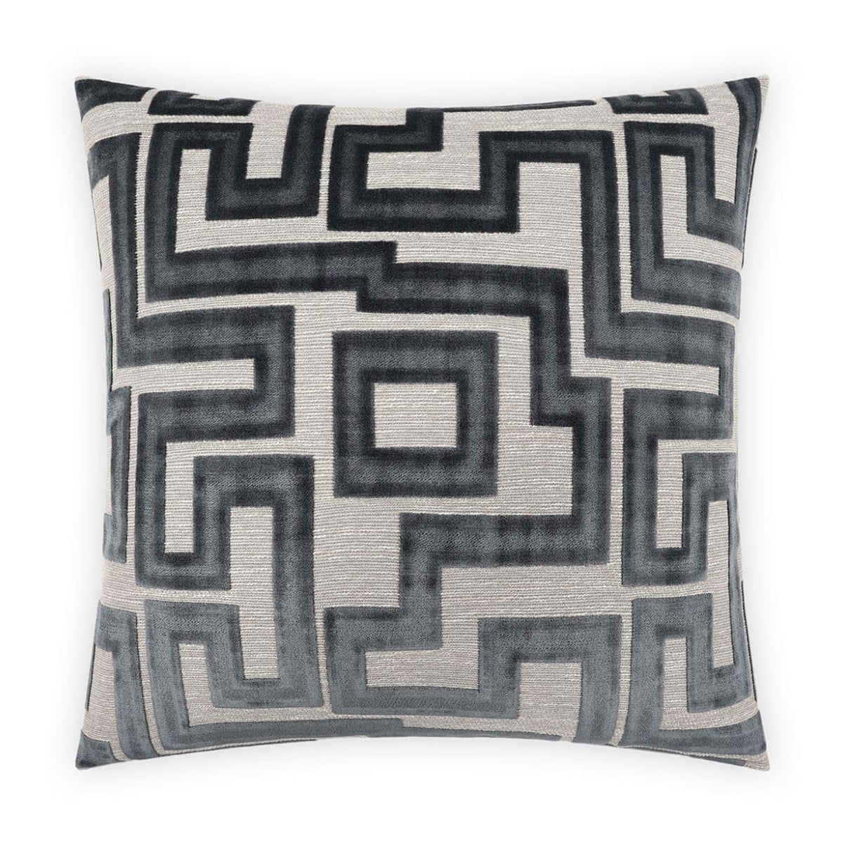 Modernist Steel Charcoal Gray Throw Pillow, 24x24, with a geometric maze pattern and plush texture.