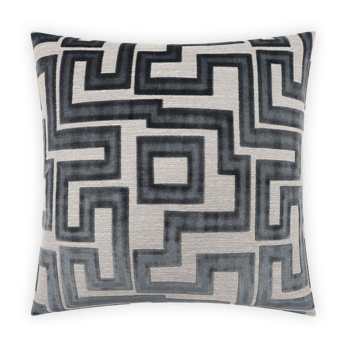 Modernist Steel Charcoal Gray Throw Pillow, 24x24, with a geometric maze pattern and plush texture.