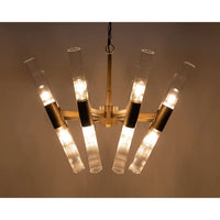 Moira Chandelier: Antique brass finish, industrial steel, and glass fixture with eight illuminated arms.