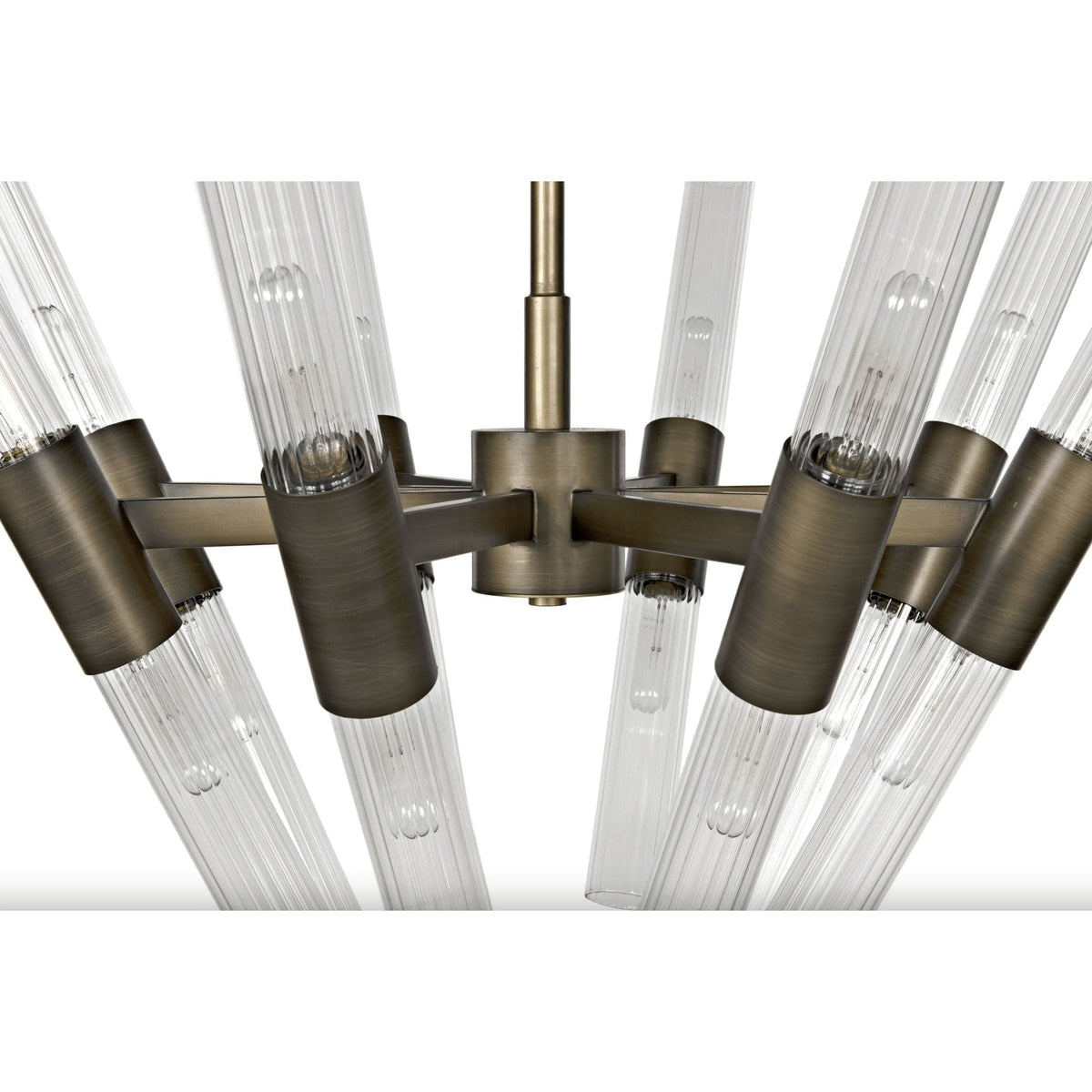 Moira Chandelier with antique brass finish, eight arms, and ribbed glass diffusers.