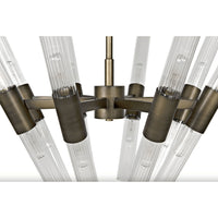 Moira Chandelier with antique brass finish, eight arms, and ribbed glass diffusers.