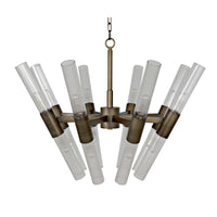 Moira Chandelier: Antique brass finish, industrial steel, and glass fixture with eight ribbed diffusers.