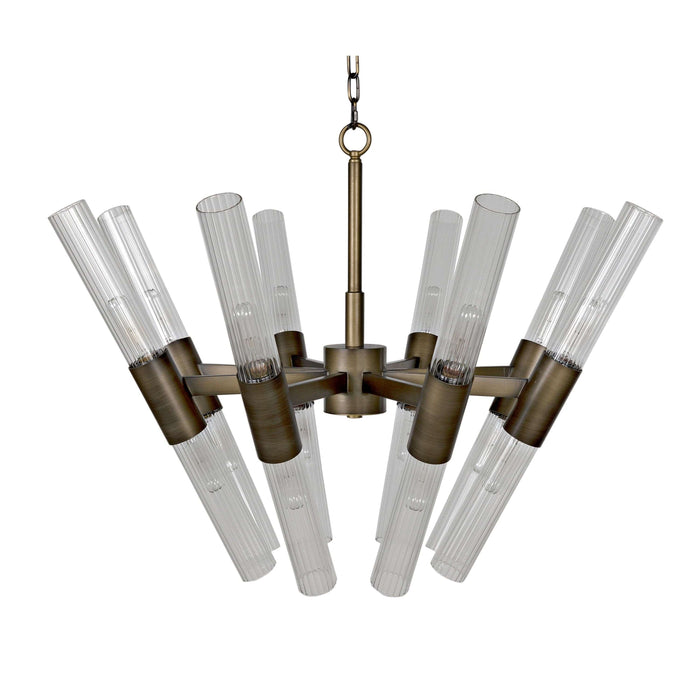 Moira Chandelier: Antique brass finish, industrial steel, and glass fixture with eight ribbed diffusers.