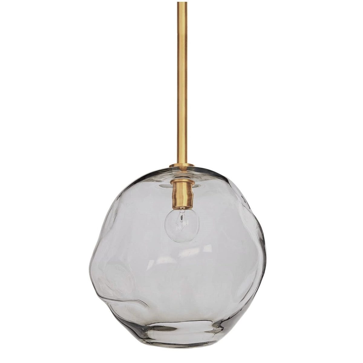 Large smoke glass molten pendant with natural brass pipe and organic, sculptural form.