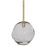 Large smoke glass molten pendant with natural brass pipe and organic, sculptural form.