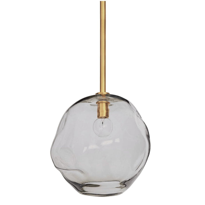 Large smoke glass molten pendant with natural brass pipe and organic, sculptural form.