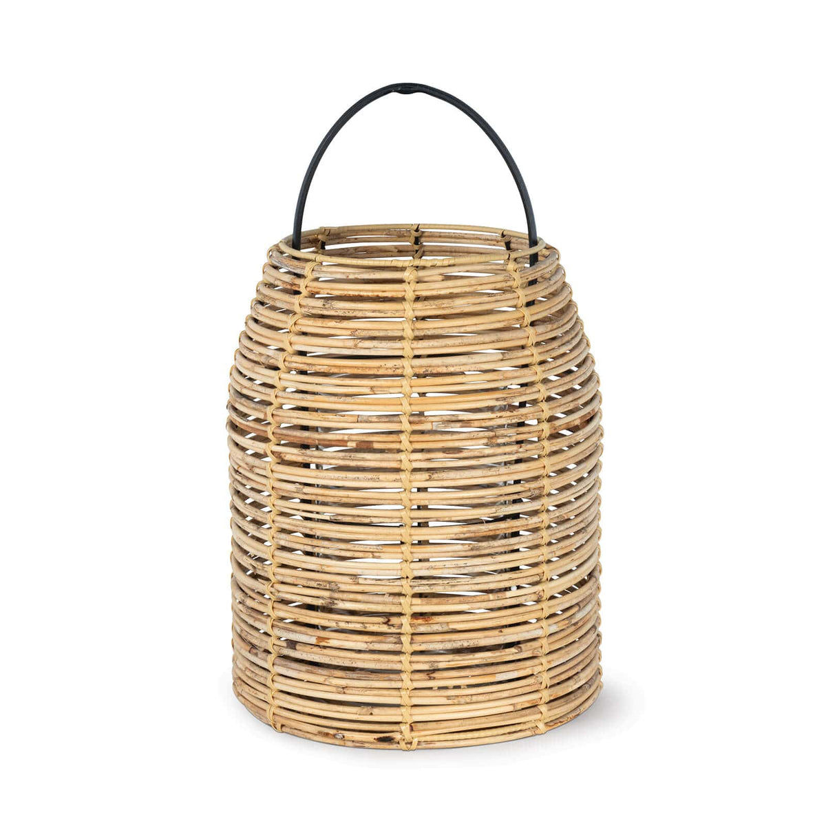 Natural light bamboo hurricane lantern with a woven base and black metal handle.