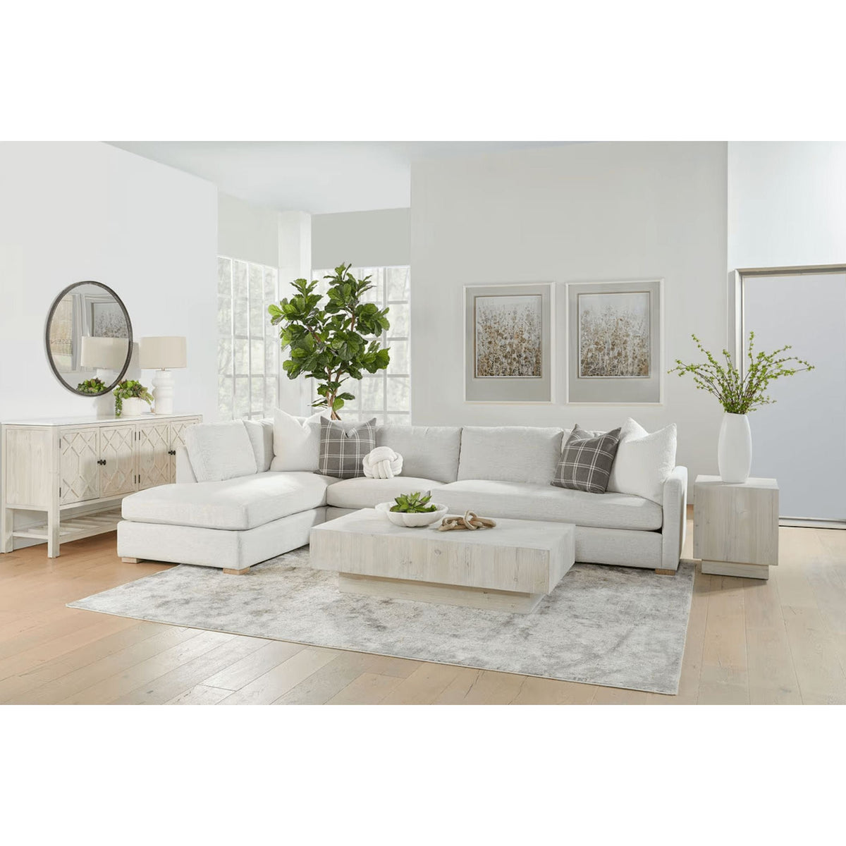 Montauk reclaimed pine rectangle coffee table in a light, neutral tone, featuring an organic modern design.