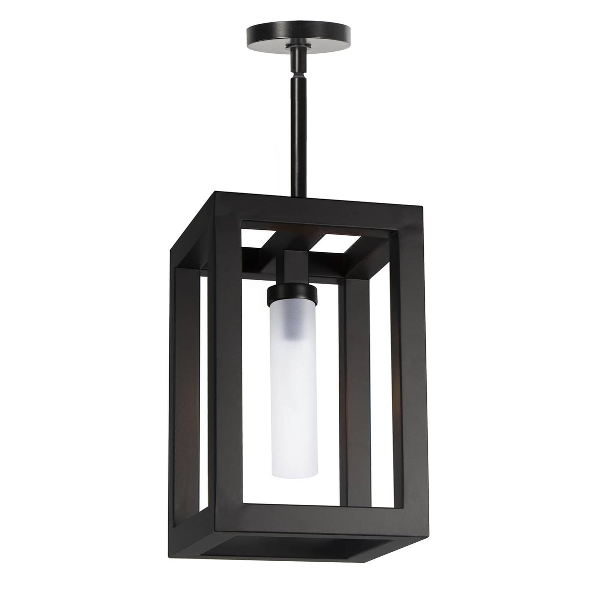 Montecito Black Outdoor Lantern with a bold charcoal frame and frosted glass light cover.