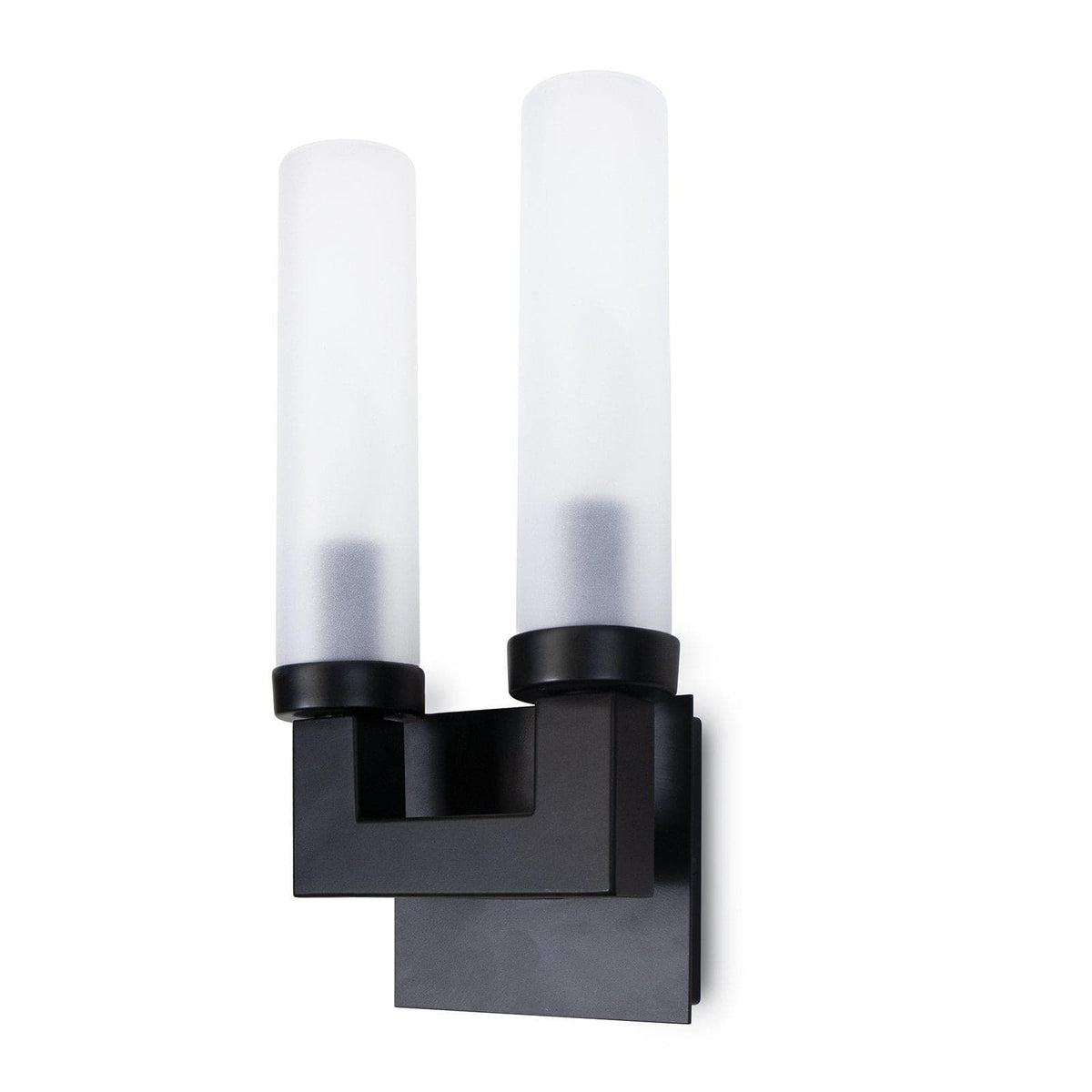 Montecito Double Outdoor Sconce with a charcoal backplate and two frosted glass light covers.