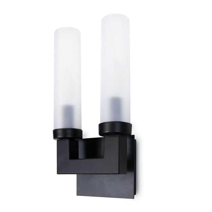 Montecito Double Outdoor Sconce with a charcoal backplate and two frosted glass light covers.