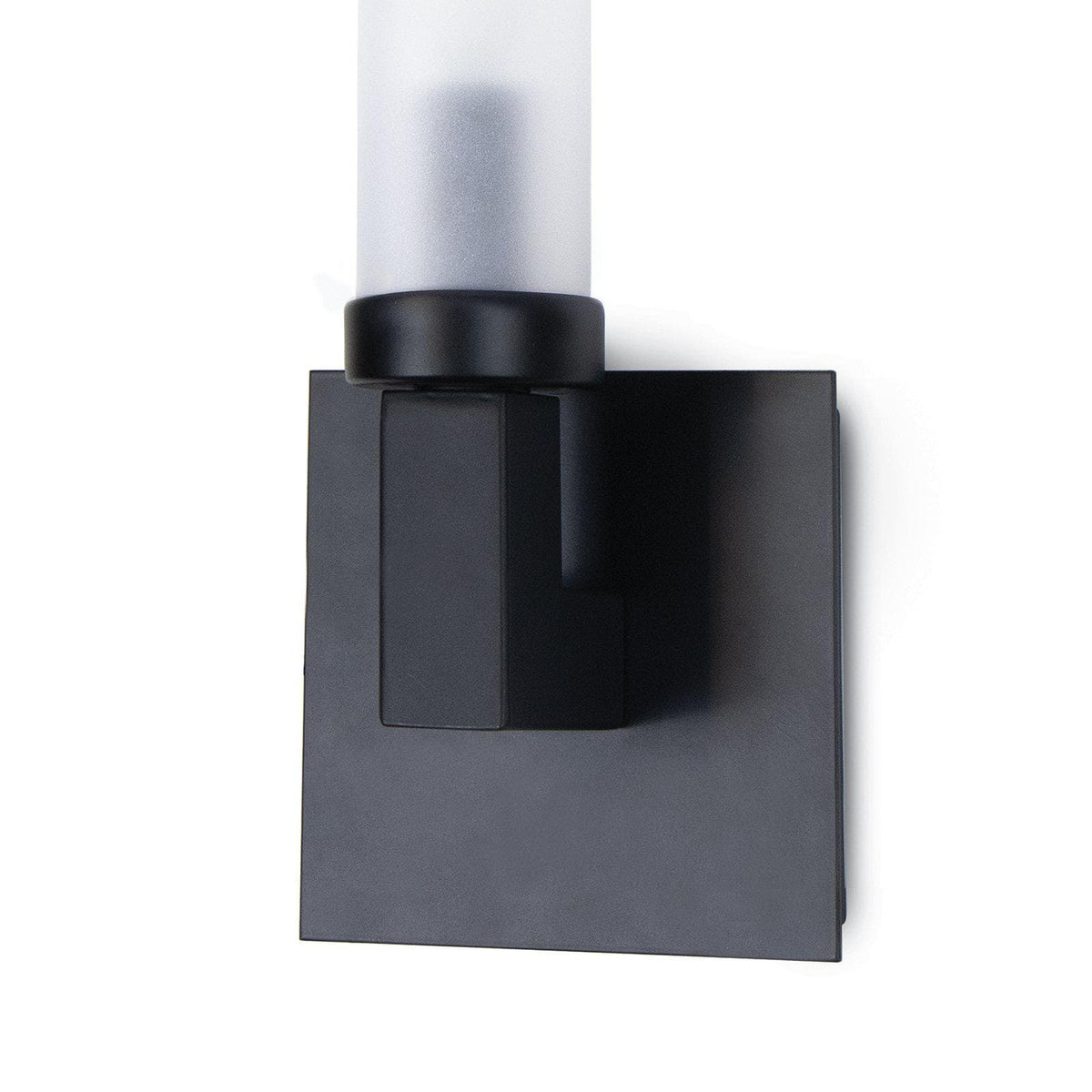Montecito outdoor sconce with a bold charcoal backplate and frosted glass light cover.