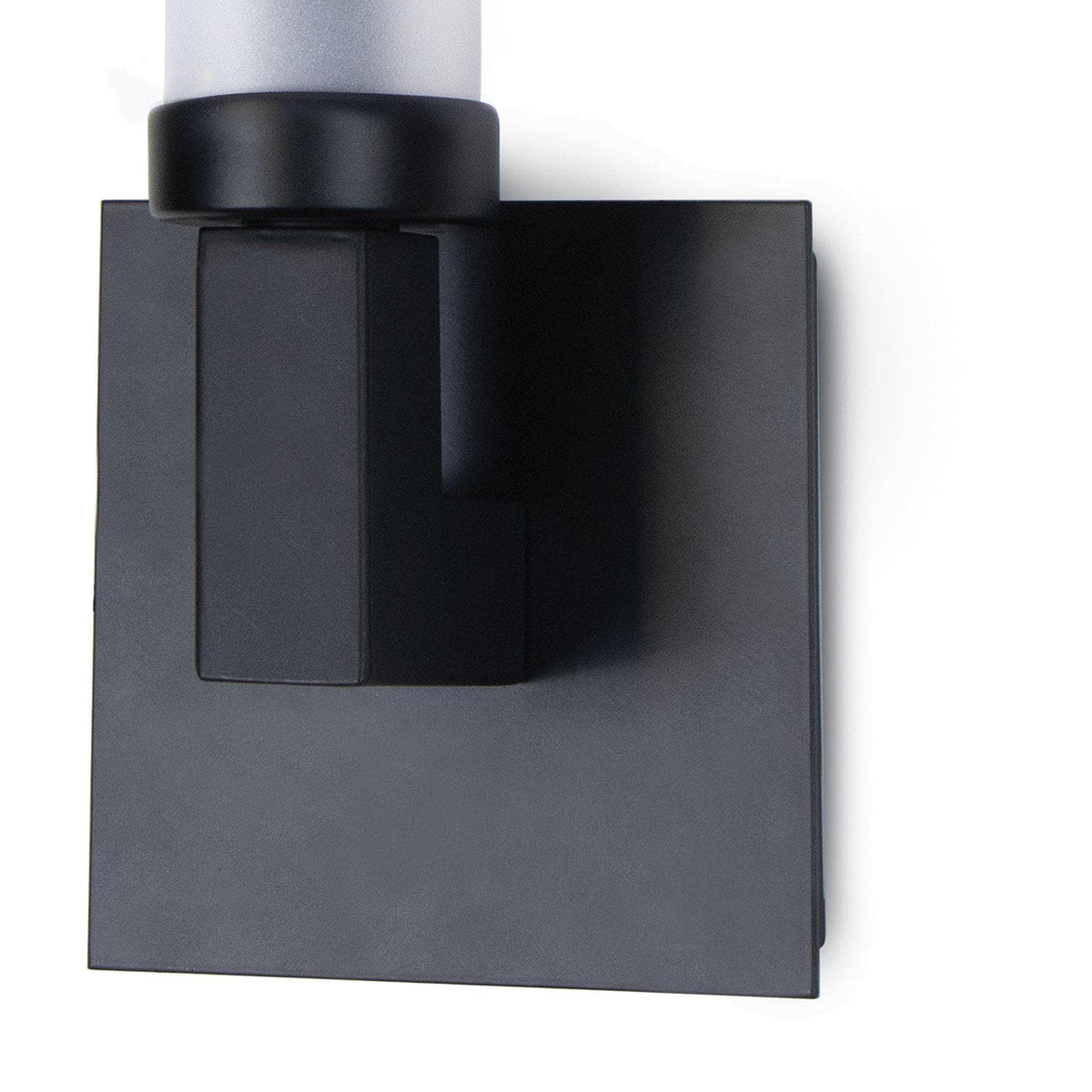 Montecito outdoor sconce with a bold charcoal backplate and frosted glass light cover.